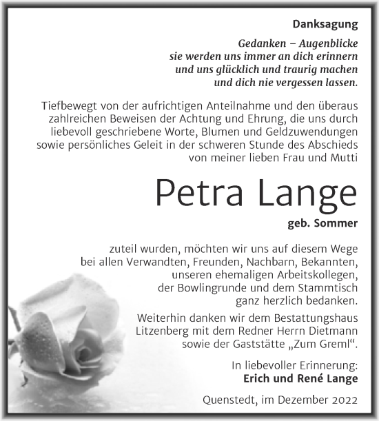Traueranzeige von Petra Lange von Trauerkombi Mansfelder Land
