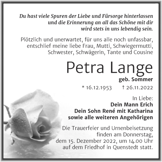 Traueranzeige von Petra Lange von Trauerkombi Mansfelder Land