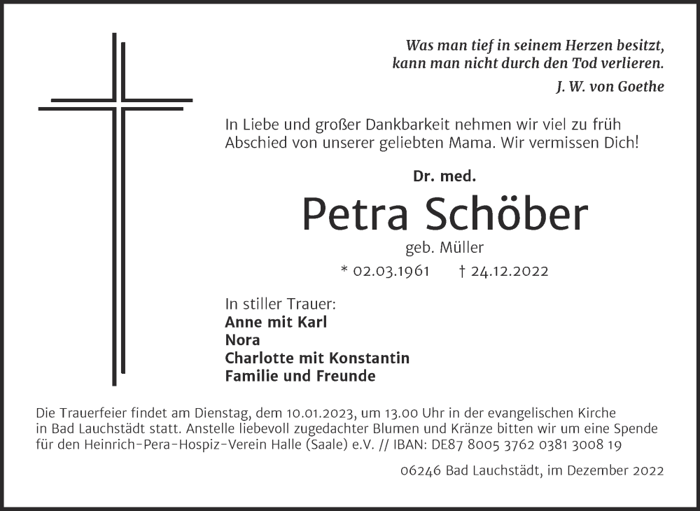 Traueranzeige für Petra Schöber vom 31.12.2022 aus Trauerkombi Merseburg