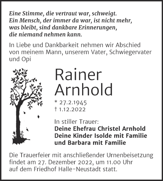 Traueranzeige von Rainer Arnhold von Mitteldeutsche Zeitung Halle/Saalkreis