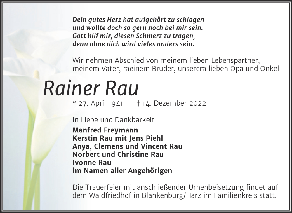  Traueranzeige für Rainer Rau vom 21.12.2022 aus Mitteldeutsche Zeitung Halle/Saalkreis