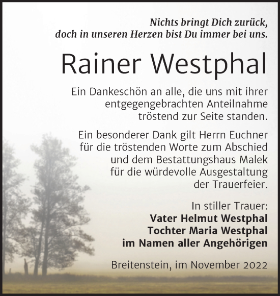 Traueranzeige von Rainer Westphal von Trauerkombi Sangerhausen
