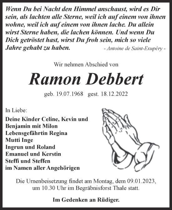 Traueranzeige von Ramon Debbert von Trauerkombi Quedlinburg