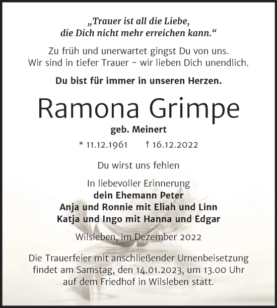 Traueranzeige von Ramona Grimpe von Trauerkombi Aschersleben