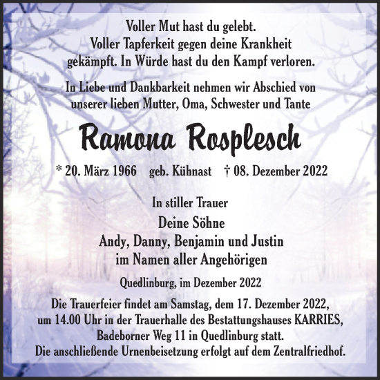 Traueranzeige von Ramona Rosplesch von Trauerkombi Quedlinburg