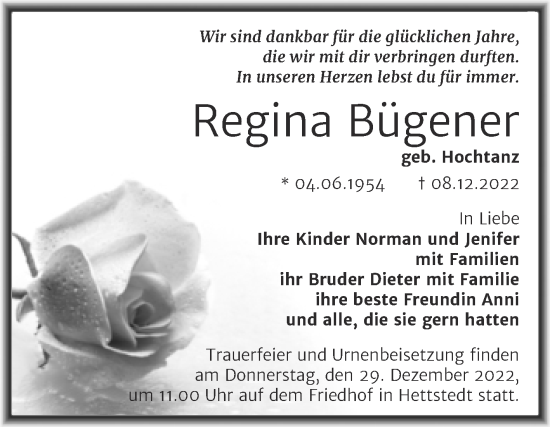 Traueranzeige von Regina Bügener von Trauerkombi Mansfelder Land