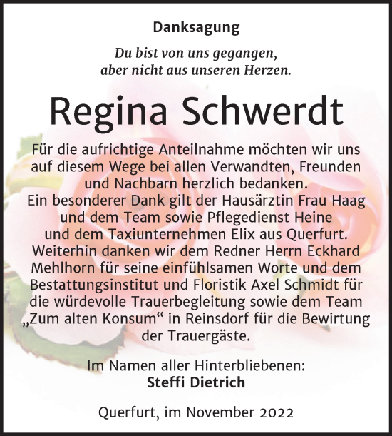 Traueranzeige von Regina Schwerdt von Trauerkombi Merseburg