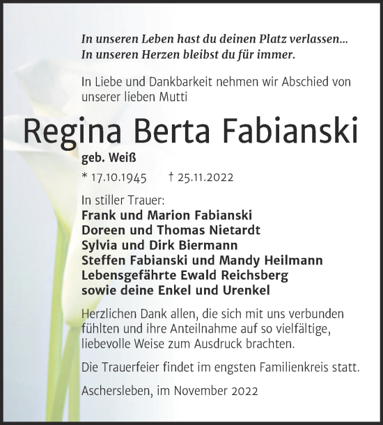 Traueranzeige von Regina Berta Fabianski von Trauerkombi Aschersleben