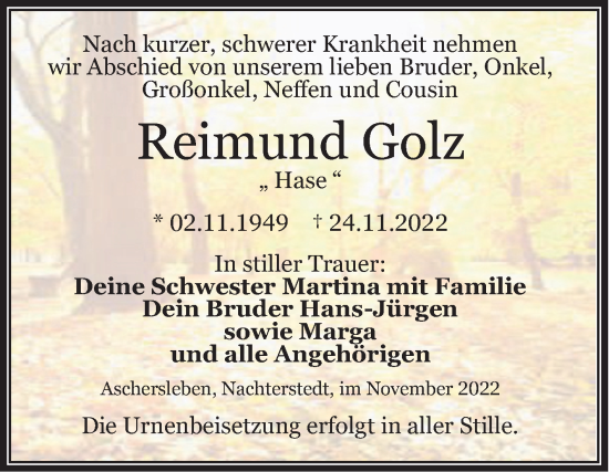 Traueranzeige von Reimund Golz von Trauerkombi Aschersleben