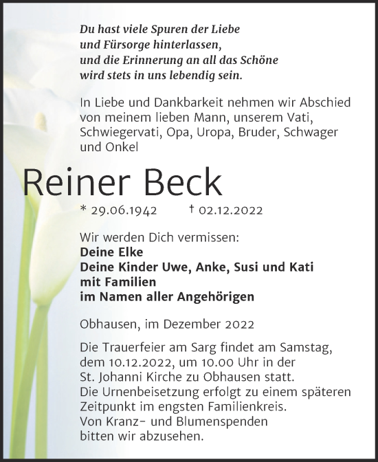 Traueranzeige von Reiner Beck von Mitteldeutsche Zeitung Merseburg/Querfurt
