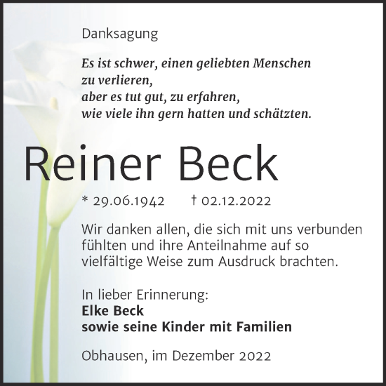 Traueranzeige von Reiner Beck von Trauerkombi Merseburg