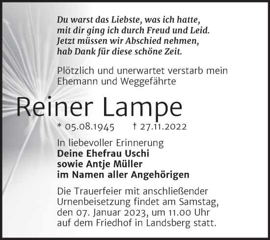 Traueranzeige von Reiner Lampe von Mitteldeutsche Zeitung Halle/Saalkreis
