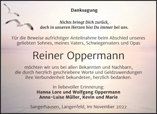 Traueranzeige von Reiner Oppermann von Trauerkombi Sangerhausen