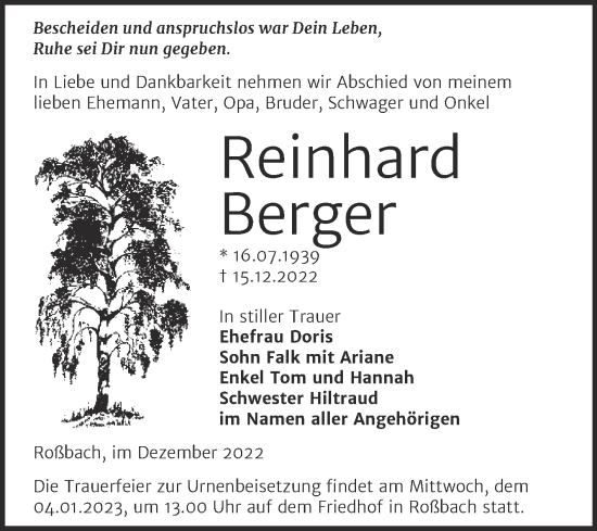 Traueranzeige von Reinhard Berger von Trauerkombi Merseburg