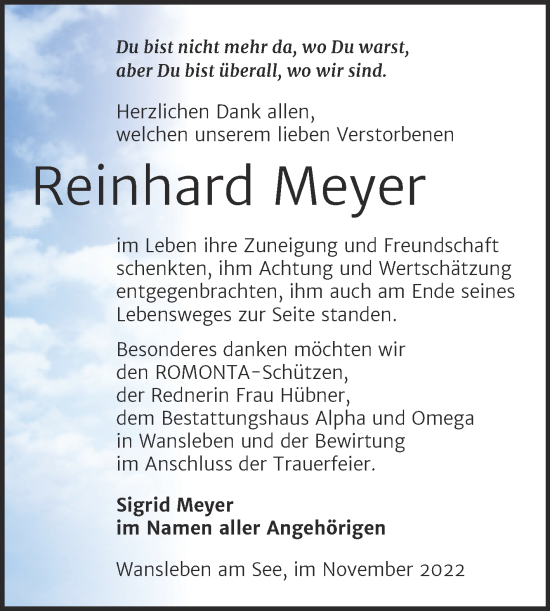 Traueranzeige von Reinhard Meyer von Mitteldeutsche Zeitung Mansfelder Land