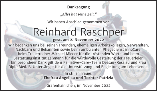 Traueranzeige von Reinhard Raschper von Trauerkombi Wittenberg