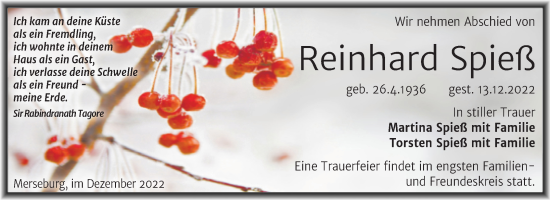 Traueranzeige von Reinhard Spieß von Trauerkombi Merseburg