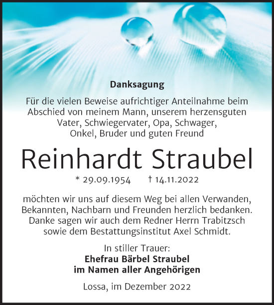Traueranzeige von Reinhardt Straubel von Wochenspiegel Naumburg/Nebra