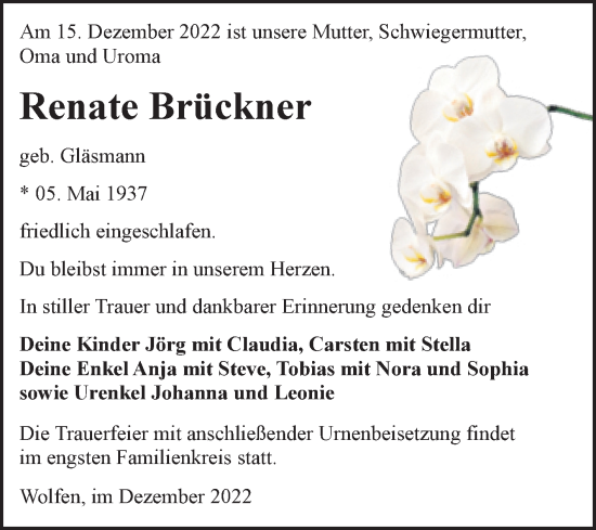 Traueranzeige von Renate Brückner von Trauerkombi Bitterfeld