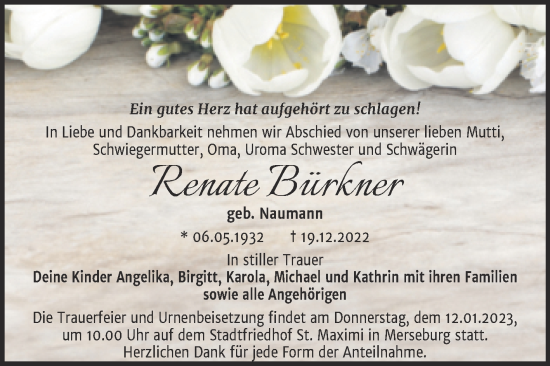 Traueranzeige von Renate Bürkner von Trauerkombi Merseburg