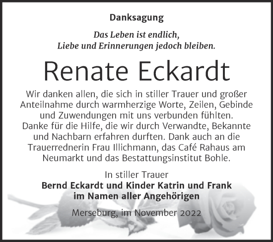 Traueranzeige von Renate Eckardt von Trauerkombi Merseburg
