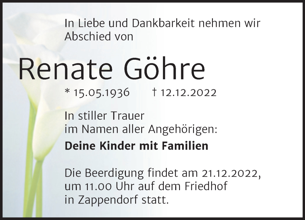  Traueranzeige für Renate Göhre vom 17.12.2022 aus Mitteldeutsche Zeitung Halle/Saalkreis