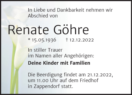 Traueranzeige von Renate Göhre von Mitteldeutsche Zeitung Halle/Saalkreis