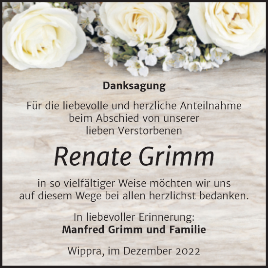 Traueranzeige von Renate Grimm von Trauerkombi Mansfelder Land