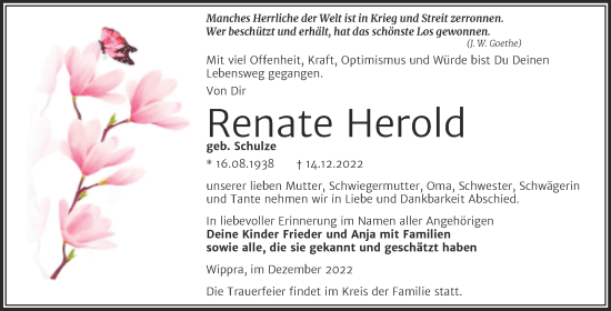 Traueranzeige von Renate Herold von Mitteldeutsche Zeitung Mansfelder Land