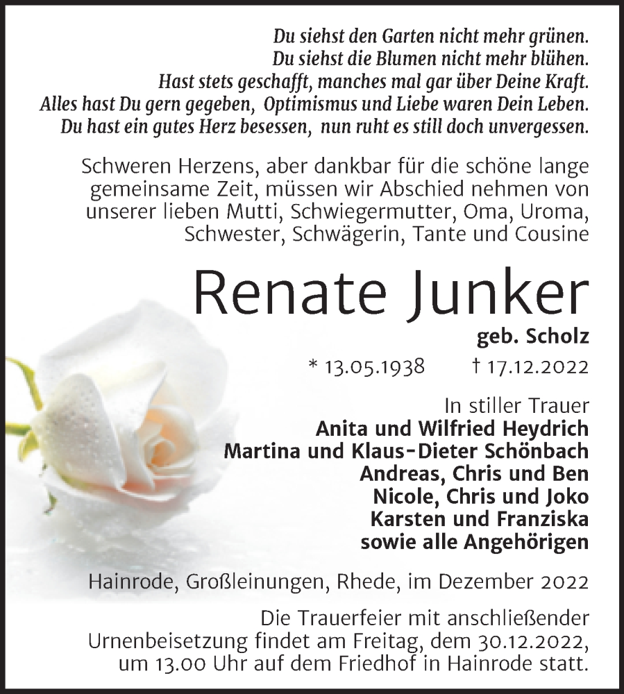  Traueranzeige für Renate Junker vom 23.12.2022 aus Trauerkombi Sangerhausen