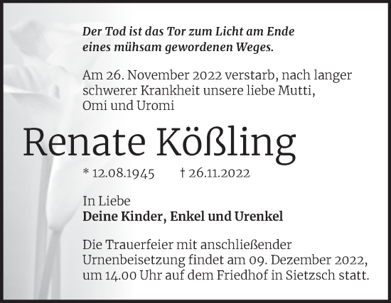 Traueranzeige von Renate Kößling von Mitteldeutsche Zeitung Halle/Saalkreis