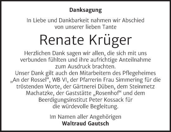 Traueranzeige von Renate Krüger von Trauerkombi Dessau