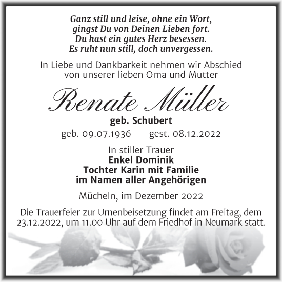 Traueranzeige von Renate Müller von Trauerkombi Merseburg