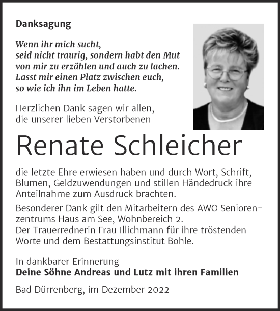 Traueranzeige von Renate Schleicher von Trauerkombi Merseburg