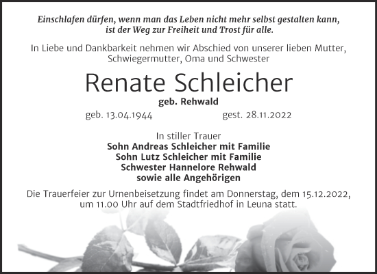 Traueranzeige von Renate Schleicher von Trauerkombi Merseburg