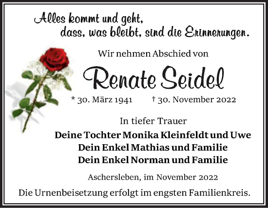 Traueranzeige von Renate Seidel von Trauerkombi Aschersleben
