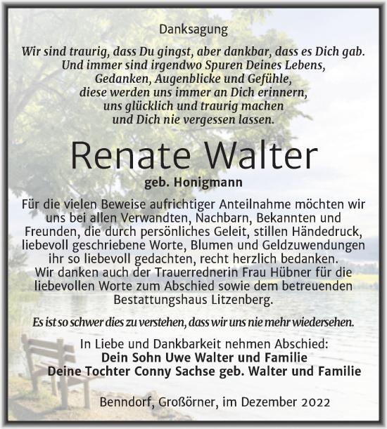 Traueranzeige von Renate Walter von Trauerkombi Mansfelder Land