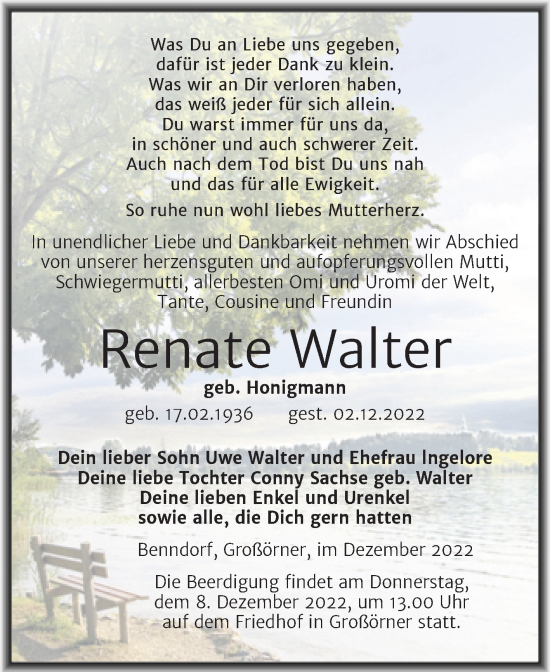 Traueranzeige von Renate Walter von Mitteldeutsche Zeitung Mansfelder Land