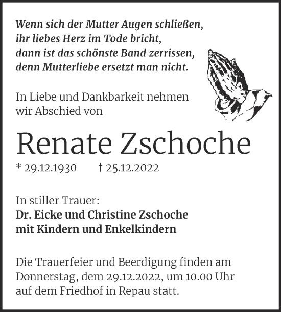 Traueranzeige von Renate Zschoche von Trauerkombi Köthen