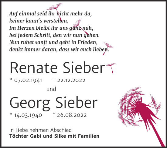 Traueranzeige von Renate und Georg Sieber von Trauerkombi Bernburg