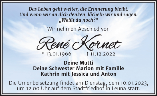 Traueranzeige von Rene Kornet von Trauerkombi Merseburg