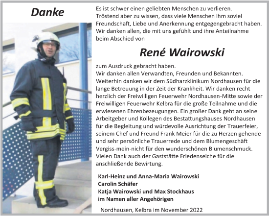 Traueranzeige von Rene Wairowski von Mitteldeutsche Zeitung Sangerhausen