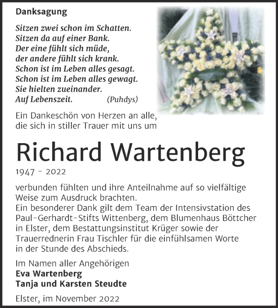 Traueranzeige von Richard Wartenberg von Trauerkombi Wittenberg