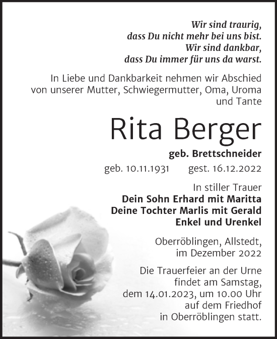 Traueranzeige von Rita Berger von Trauerkombi Sangerhausen