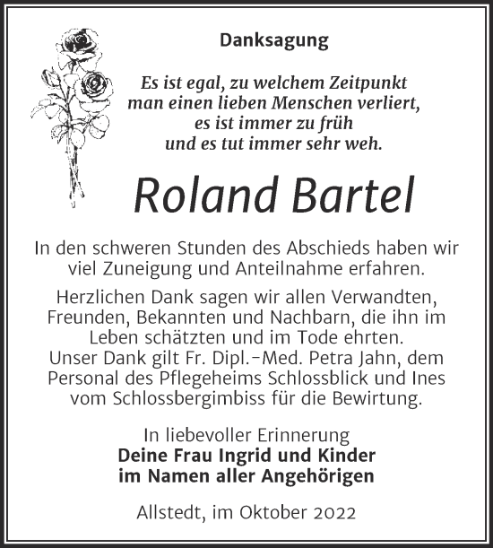 Traueranzeige von Roland Bartel von Trauerkombi Sangerhausen