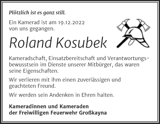 Traueranzeige von Roland Kosubek von Trauerkombi Merseburg