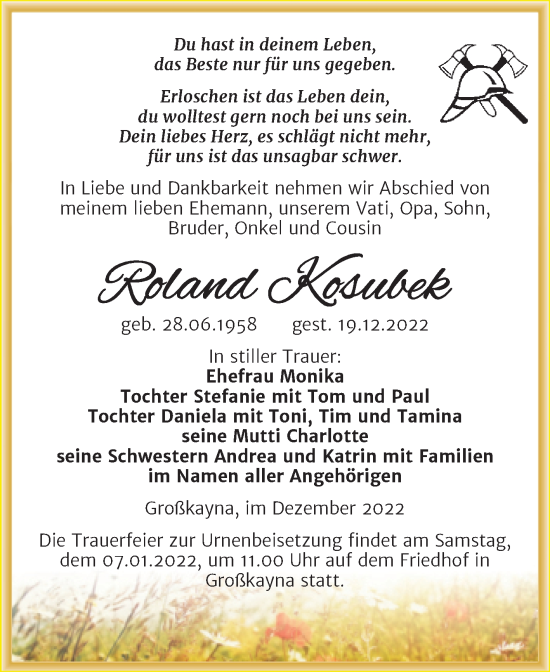 Traueranzeige von Roland Kosubek von Trauerkombi Merseburg