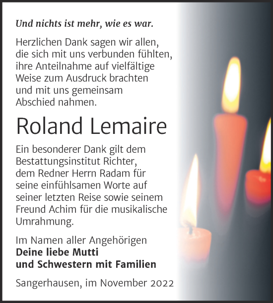 Traueranzeige von Roland Lemaire von Trauerkombi Sangerhausen