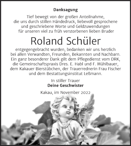 Traueranzeige von Roland Schüler von Trauerkombi Wittenberg