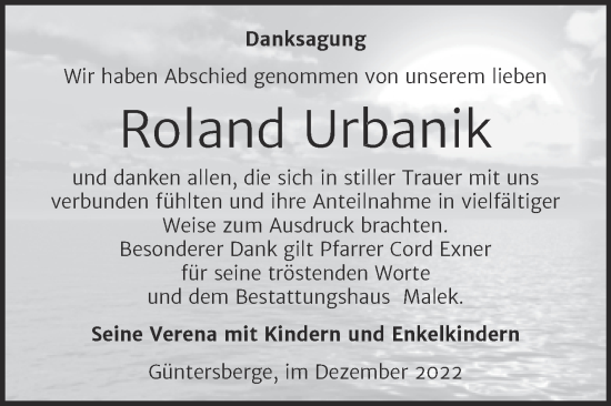 Traueranzeige von Roland Urbanik von Trauerkombi Quedlinburg